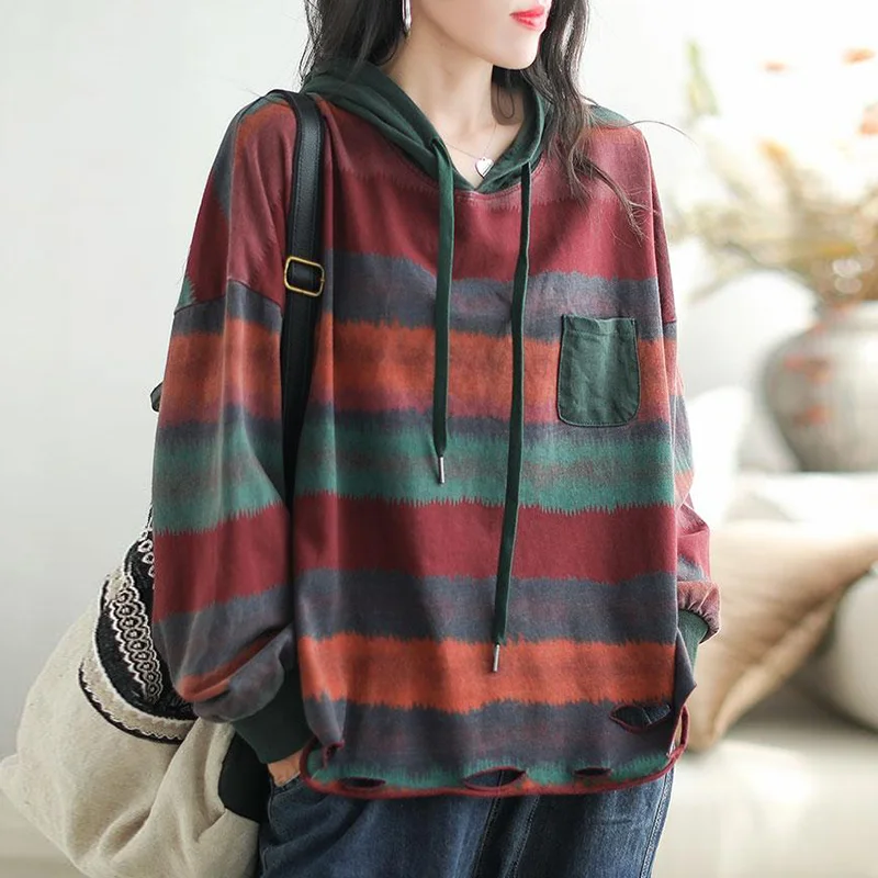 

Casual Vintage Stripe Women Sweatshirt Autumn Hooded Loose Literary Versatile Long Sleeve Fashion Office Lady Simple Pullovers