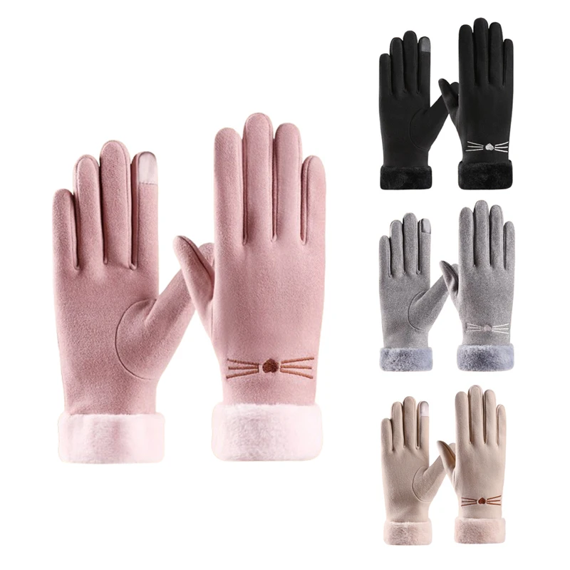 Winter Warm Suede Gloves Plus Velvet Thickened Plush Decor Cuff Gloves Outdoor Coldproof Touchscreen Riding Ski Gloves 1 Pair