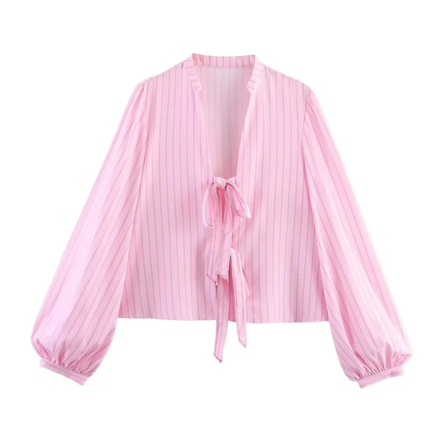 Bluzka damska na wiosnę 2025 z wycięciami, koszule w paski, damska krótka bluzka z wiązaniem, biała bluzka z długim rękawem, topy z kokardą i sznurowaniem dla kobiet.