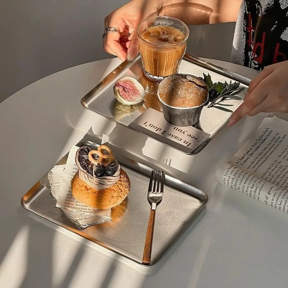 Nordic Stainless Steel Rectangular Plate Kitchen Storage Ins Korean Cake Dessert Plate Storage Trays Cafe