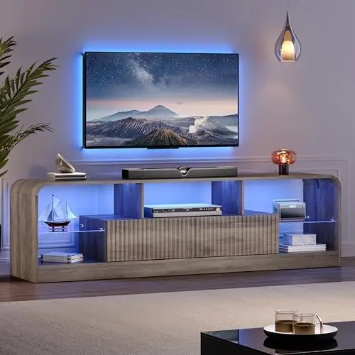 TV Stand for 60/65/70 Inch TVs, Modern Curved TV Console with LED Lights, 2 Drawers & Glass Shelves, Living Room