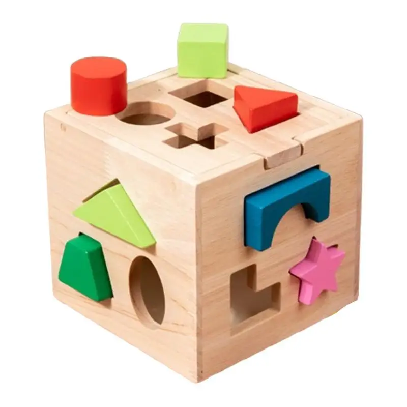 Shape Sorting Cube Shape Blocks Sorter Toy Wooden Sorting Cube Fine Motor Classic Educational Toy Puzzle Games With 13 Shapes