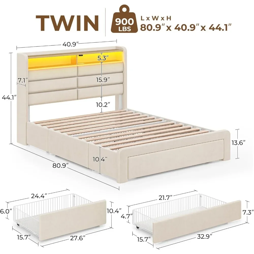 Twin Size Bed Frame with 4 Storage Drawers & Charging Station, Upholstered Platform Bed with Storage Headboard and LED Light