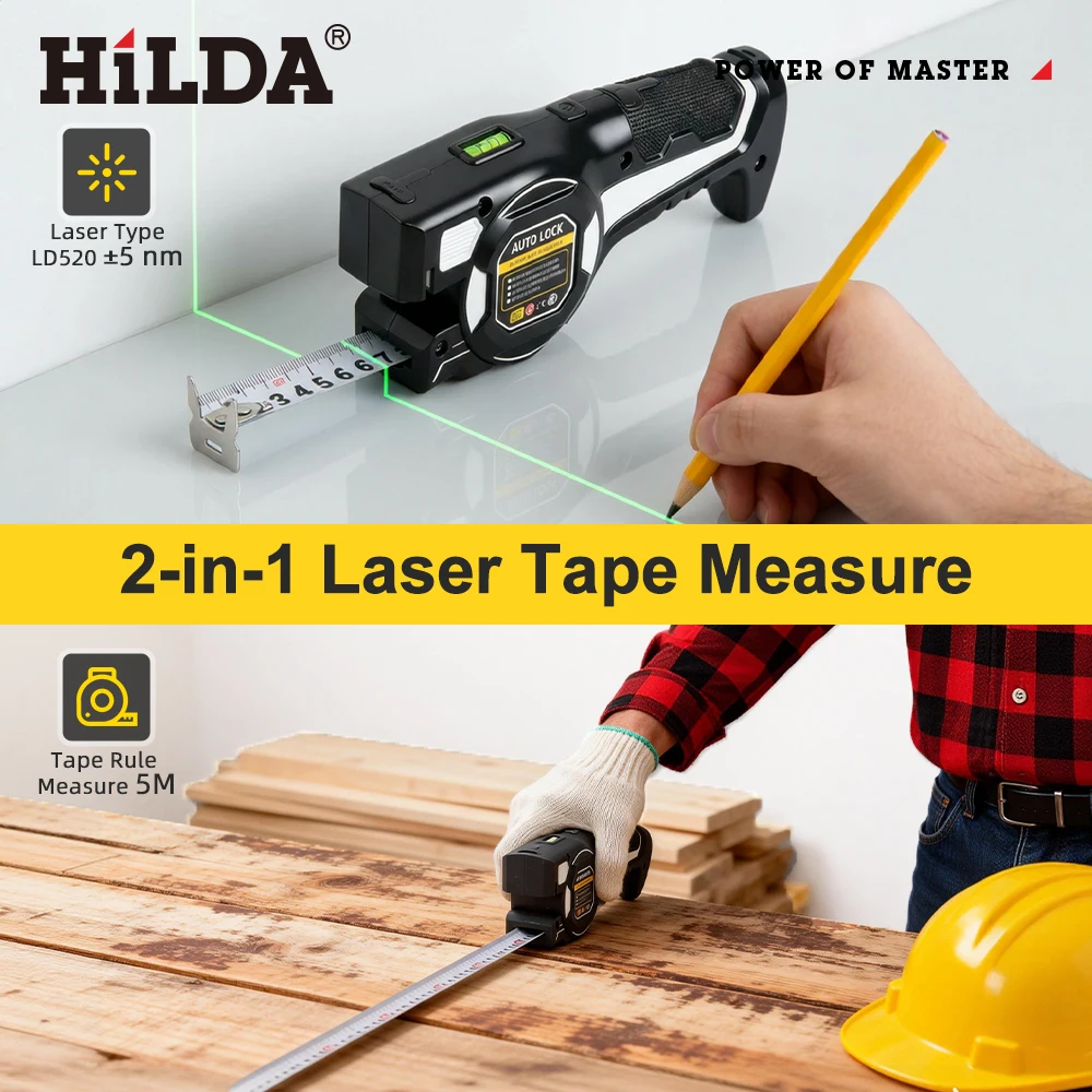 Fita Métrica a Laser Profissional HILDA com Nível a Laser Verde, Ferramenta de Medição Retrátil Automática para Reforma, Engenharia e Trabalhos em Madeira