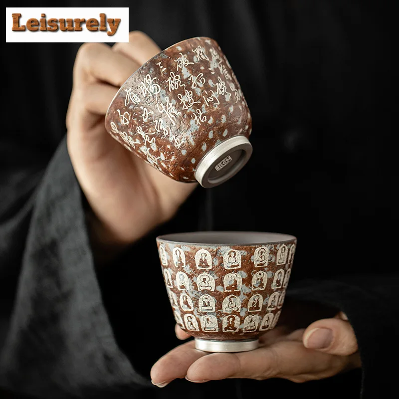 100ML Handmade Gilded Silver Tea Cup Chinese Dunhuang Buddha Master Cup Old Rock Clay Tasting Tea Bowl Chazhan Small Drinkware