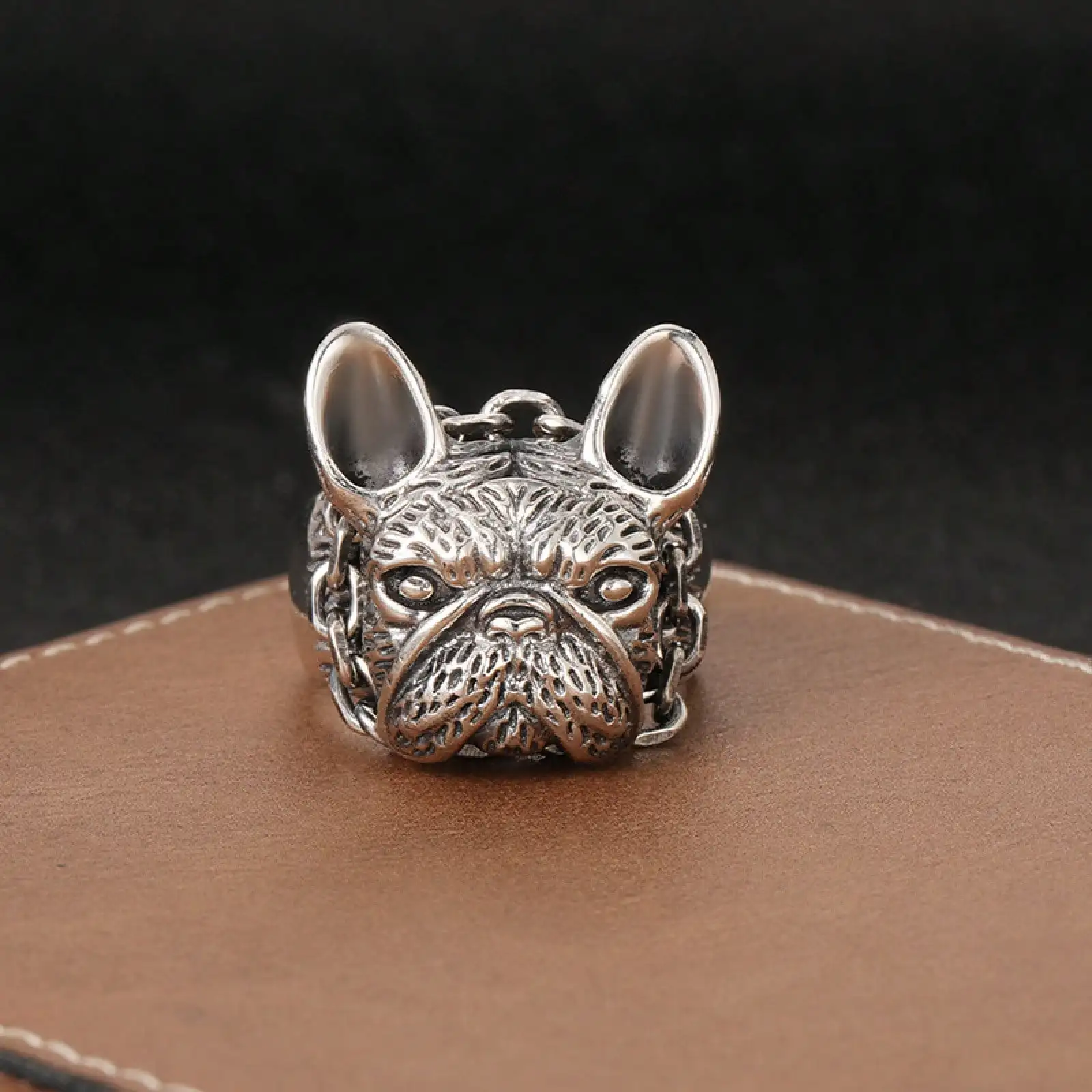 

Винтажное состаренное кольцо с изображением собаки, уникальный и смелый дизайн с изображением бульдога, мужское кольцо из тайского серебра, аксессуар из сплава.