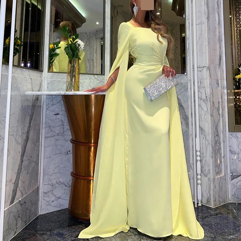 

Simple Yellow Chiffon Evening Dresses Square Neck Saudi Arabic Straight 2024 Long Sleeves Prom Gowns Formal Party Occasion Dress