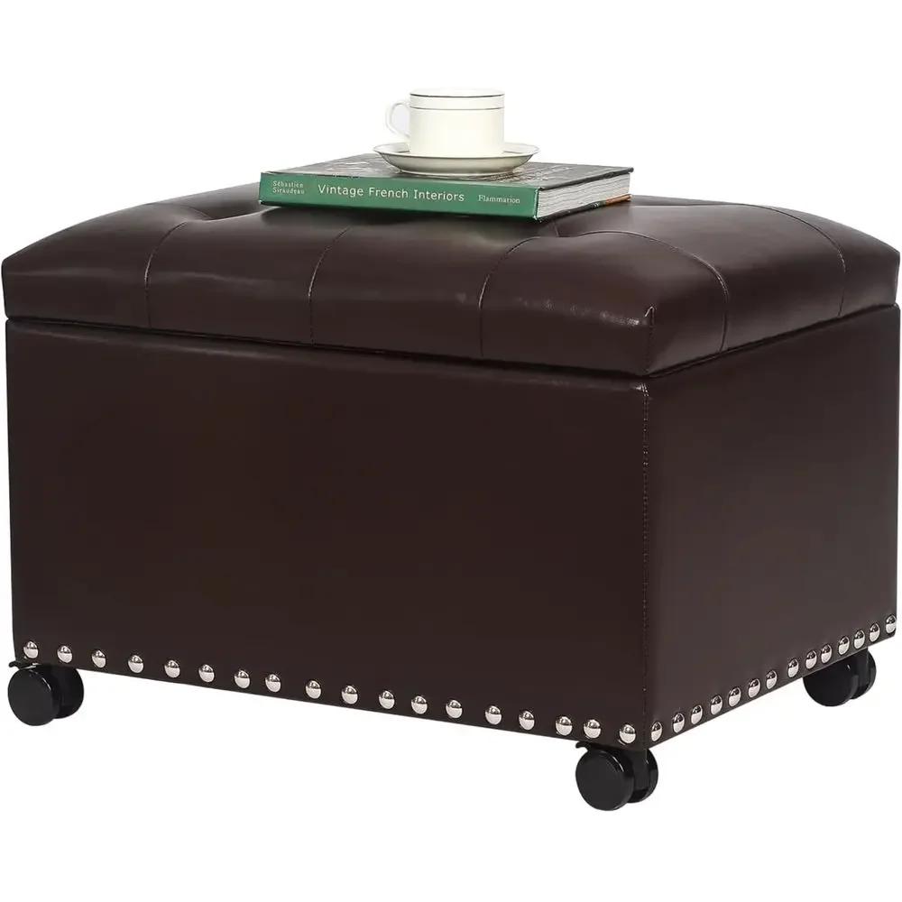 

24 Brown Leather Ottoman with 360° Swivel Wheels - Storage Bench for Living & Bedroom