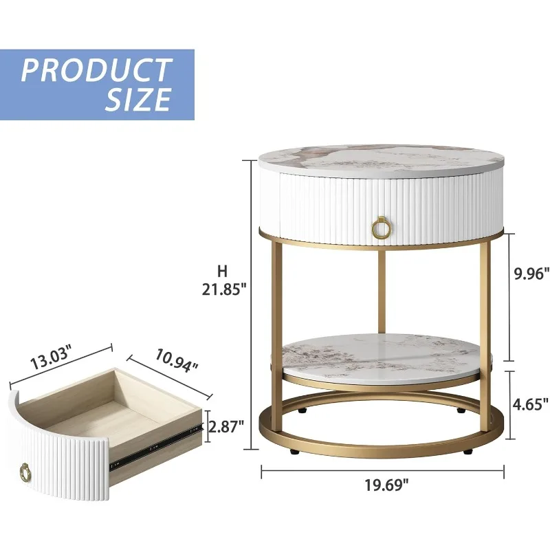 Round Side Table with Drawer, 2 Tier Night Stand with Shelf, Modern Side Table with Gold Legs for Living Room