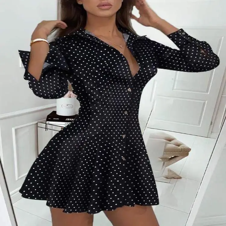 

Black Long Sleeve Deep V Shirt Dress New 2020 Simplistic Style mid Waist A-Line Skirt Polyester Fabric Summer Season Women's ...