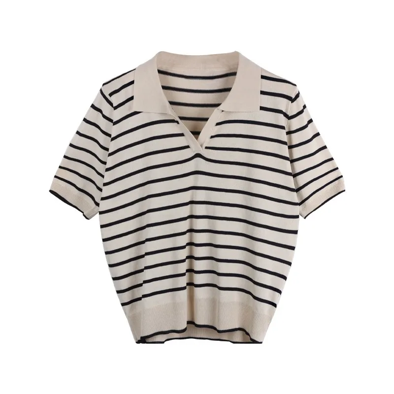 Summer Striped T-Shirt Women Knitted Shirts Pullover Tops Short Sleeve Female Elastic Casual Knit Tee Crop Tops Women\'s T-Shirts