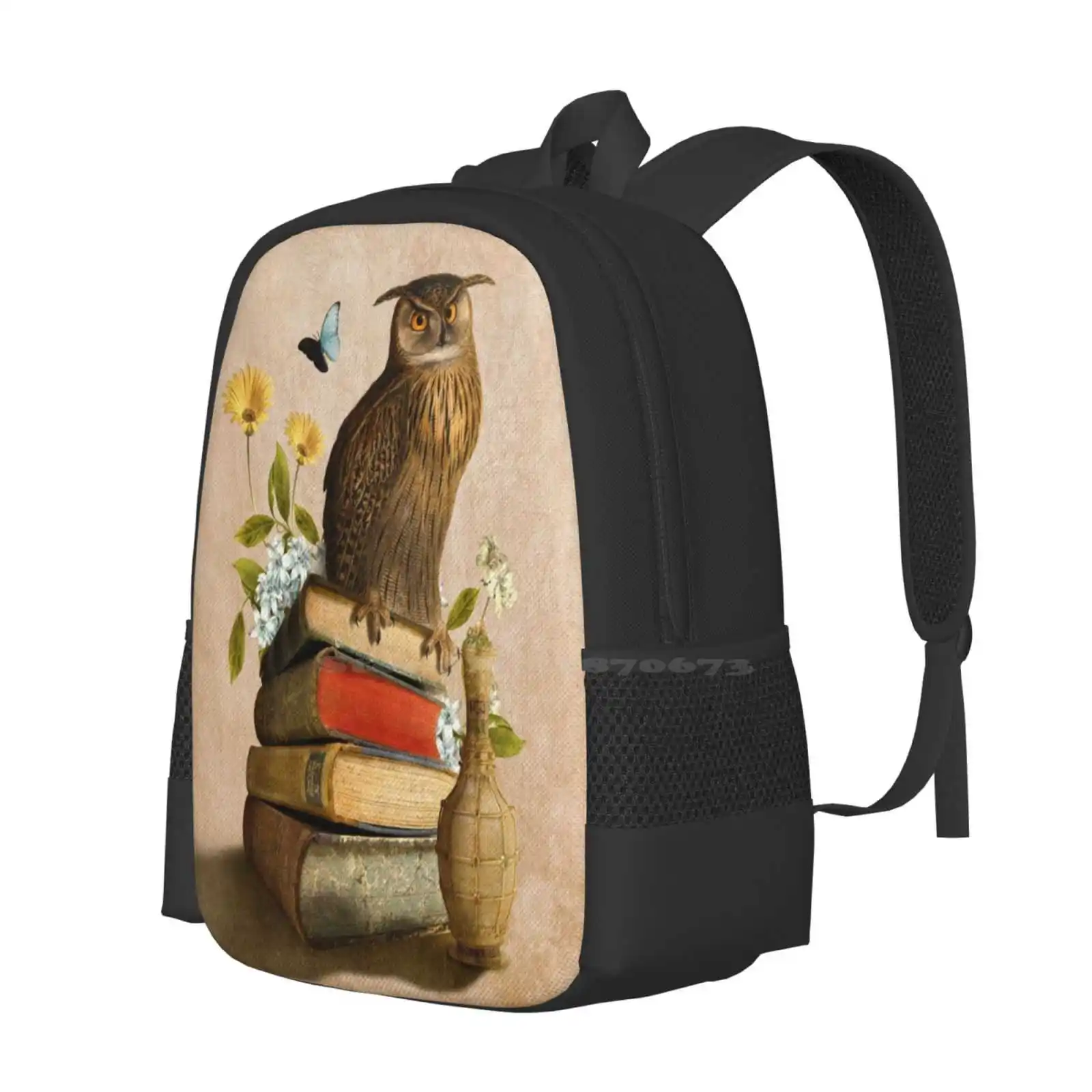 Wise Owl Pattern Design Bag Student's Backpack Dverissimo Collage Bird Butterfly Animalia Fantasy Funny Wise Wisdom Knowledge