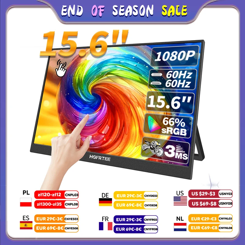 HGFRTEE 15.6 Inch Touch Portable Monitor ADS-IPS 1920*1080P 300cd/m2 Extended Display for Laptop Second Screen XBox PS4/ 5