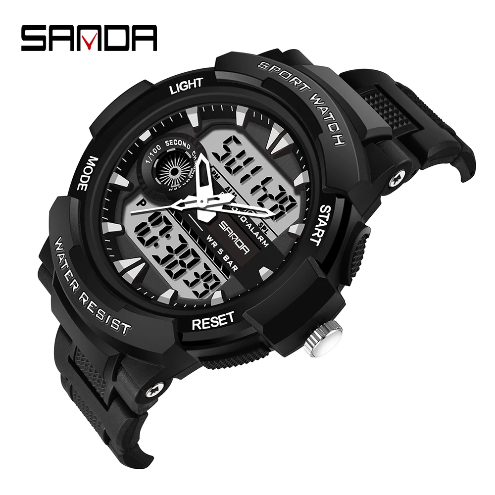 SANDA 6002 Large Men Watches Digital Watch Luminous 5BAR Waterproof Male Sport Watch Quartz Dual Display relogio masculino