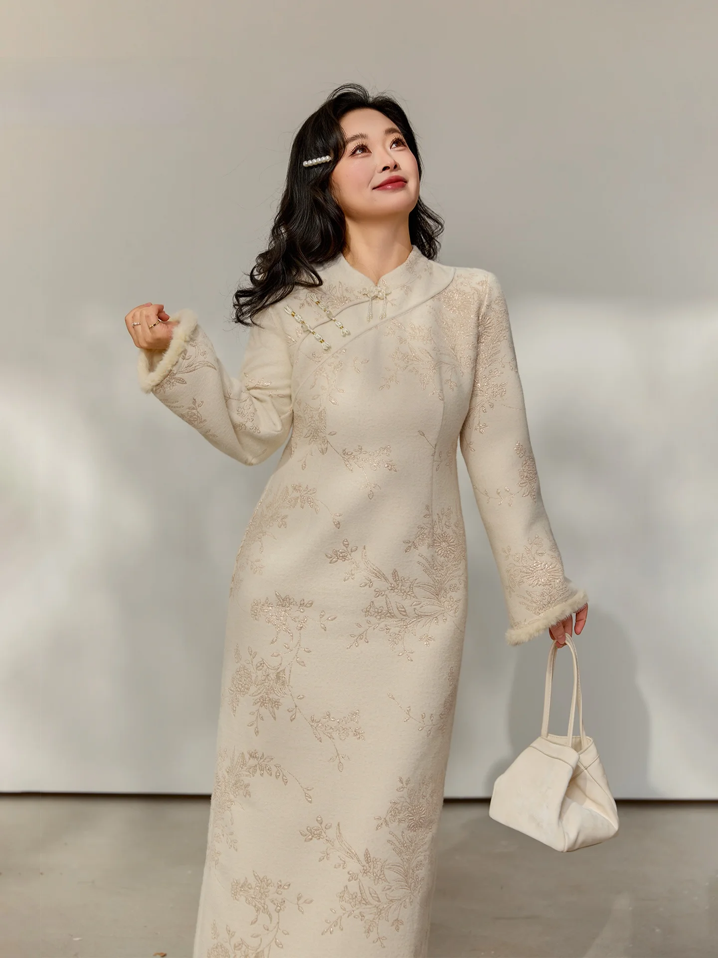 

plus Size New Chinese Sle Embroidered Fce Women's Dr Slimming Long Sve High Collar Romantic Social Series