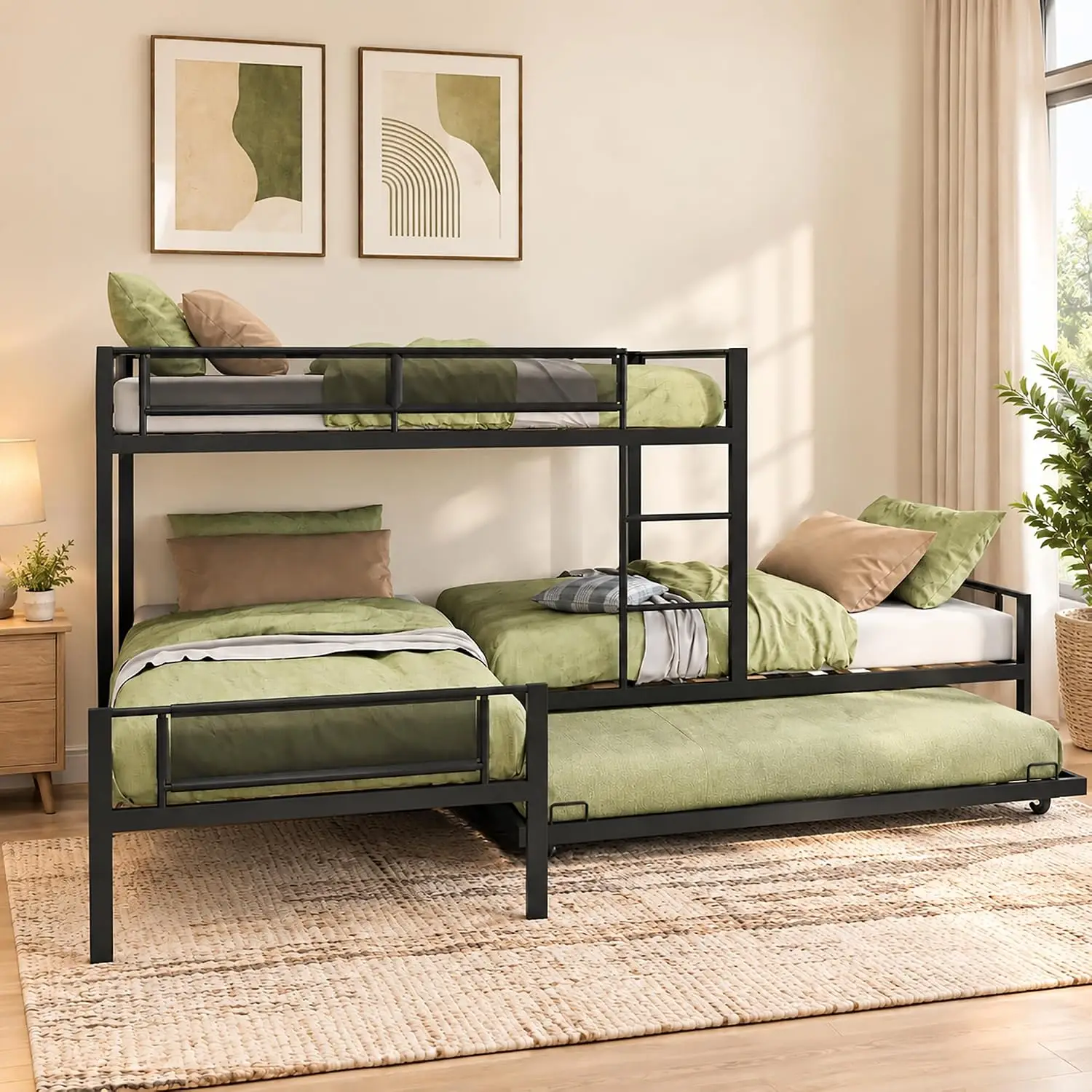 L-Shaped Triple Bunk Bed with Trundle, Twin Metal Frame for 4, with Textilene Guardrails & Wood Slats, Black,  Customized