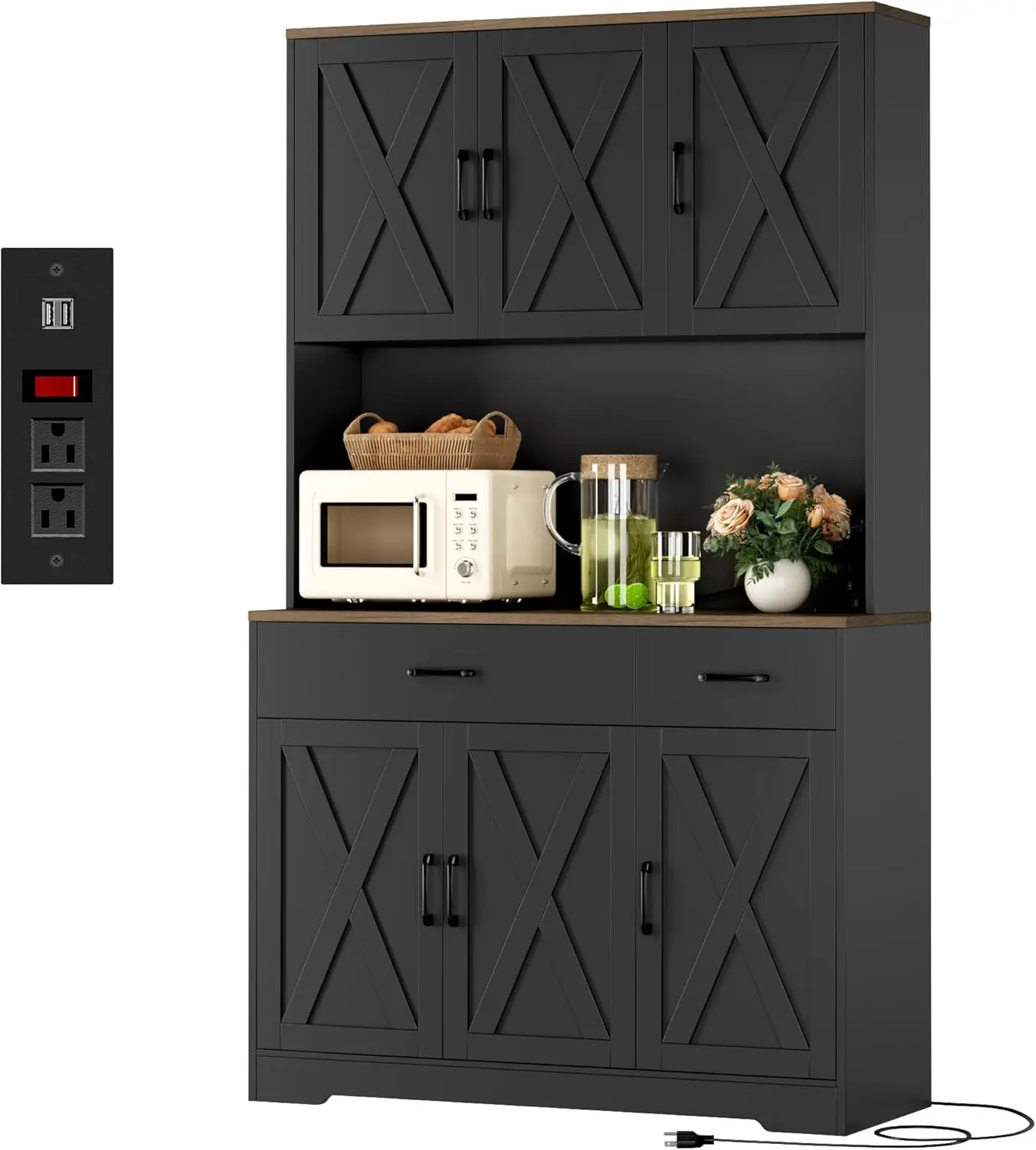 

71" Tall Kitchen Pantry Storage Cabinet w/Charging Station & Microwave Stand, Farmhouse Kitchen Hutch Cabinet w/ Storage Drawers