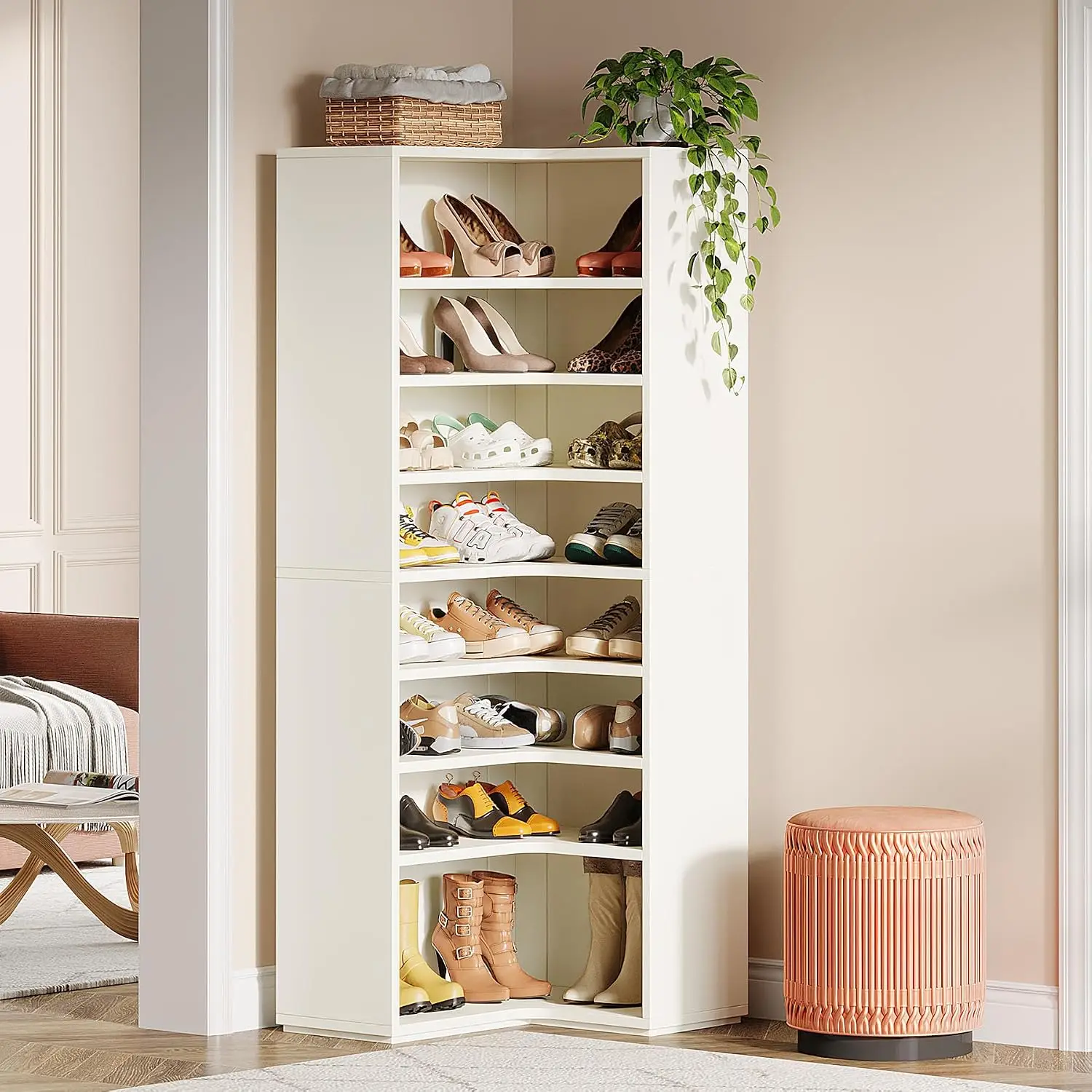 Corner Shoe Rack 9-Tier Wood Storage Shelf Organizer Holds 45 Pairs For Closet Entryway, Customized