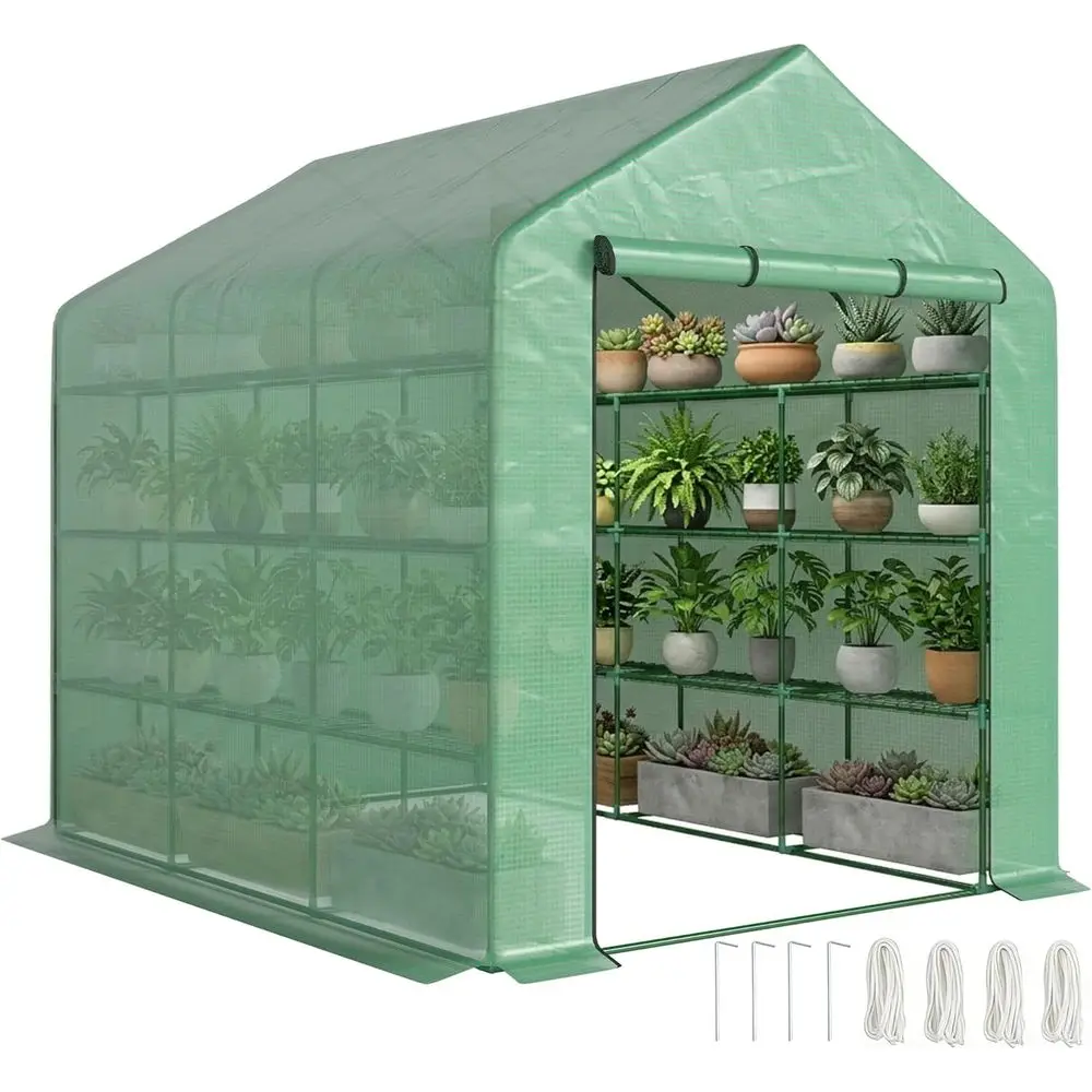 8' x 6' x 7' Walk-in Greenhouse PE Cover 4-Tier Shelves Green | Steel e Hot House, Roll-Up Zipper Door, or lowers, Vegetables, S