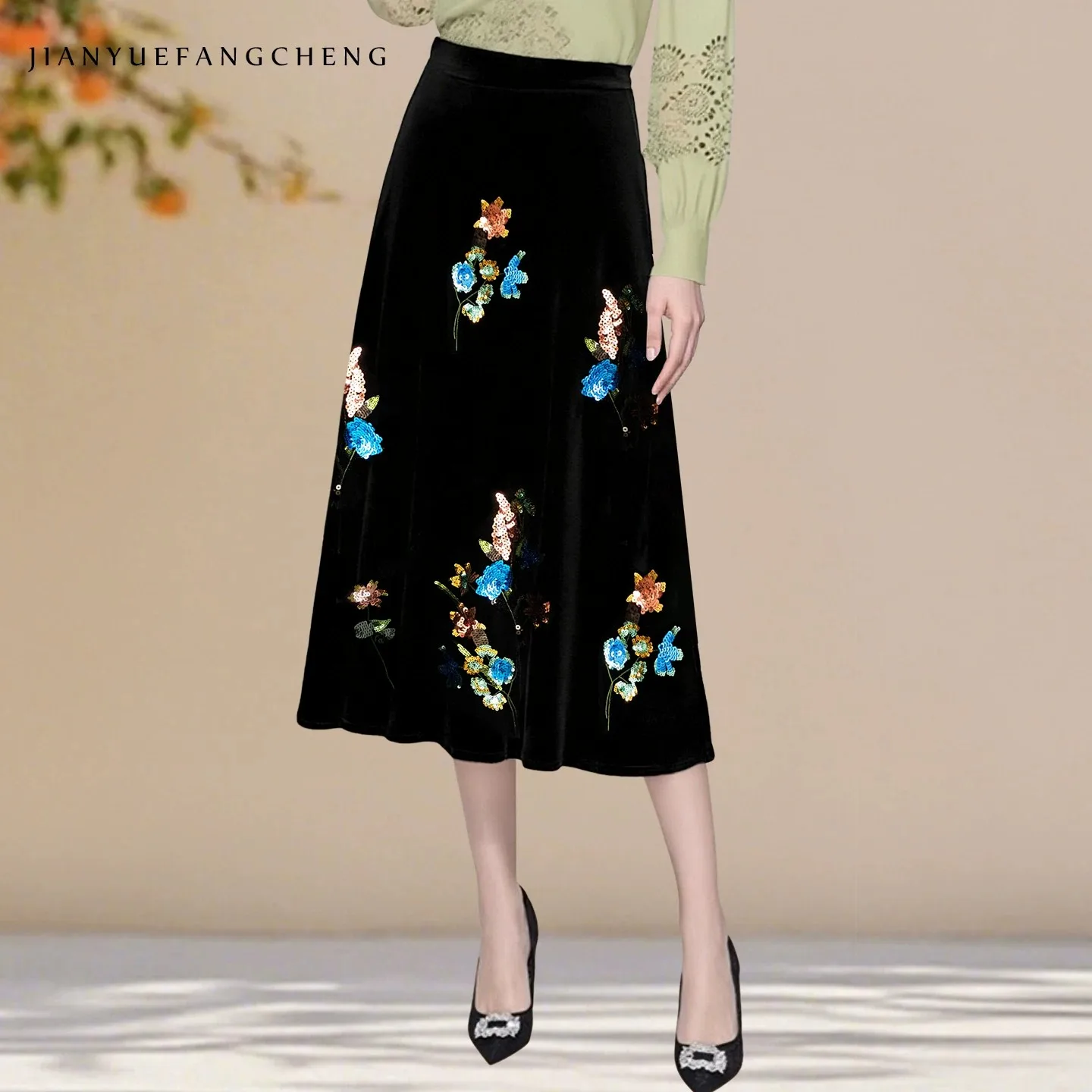 Luxury Sequined Women Fall New Black Velvet Skirt High Waist A-line Midi Skirts Retro Casual Evening Skirts