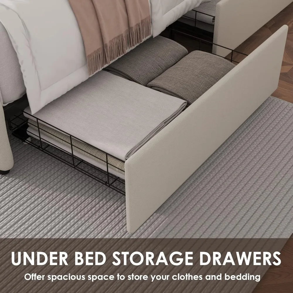 إطار سرير كوين مع 4 أدراج تخزين ولوح رأسي قابل للتعديل، وسرير بمنصة منجدة مع تصميم معنقدة بأزرار، وخشب قوي