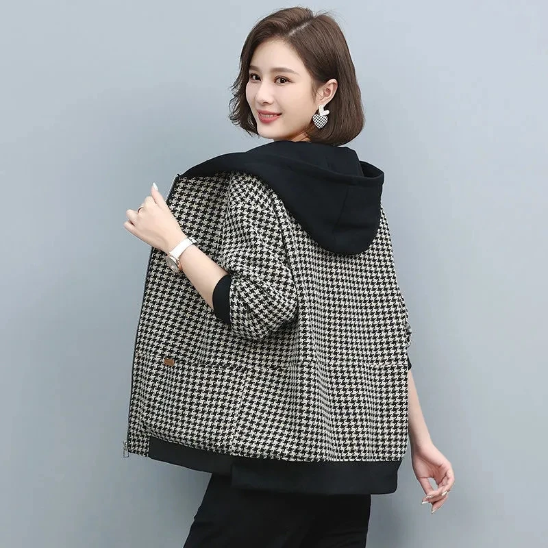 Vintage Ladies Loose Short Coat With Lining Mother Plaid hooded Jacket Women\'s Trendy Houndstooth Spring Autumn Windbreaker