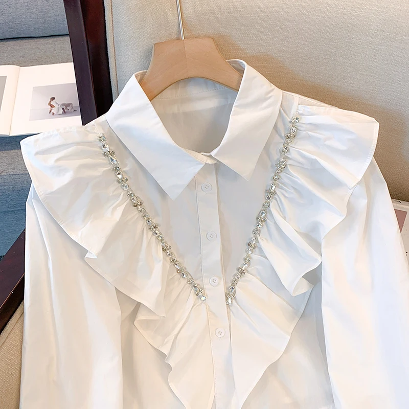 High Quality Autumn Spring White Cotton Shirt Tops Fashion Women Lapel Diamonds Ruffles Long Sleeve Office Ladies Short Blouses