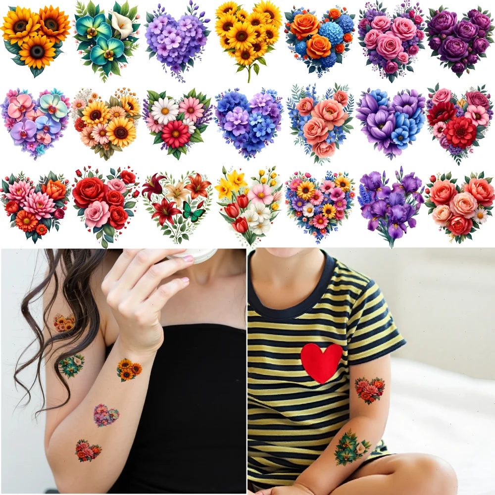 

63pcs Temporary Tattoo Colorful Blooms Temporary Tattoo Stickers Floral Hearts Colorful For Adults Shoulders Men