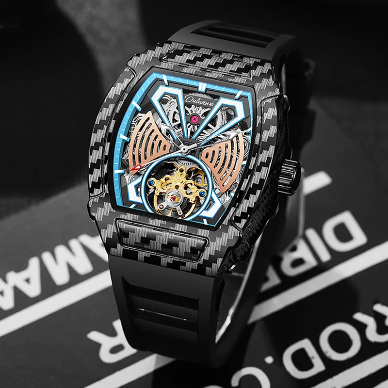 Carbon Fiber Pattern Steel Case Tourbillon Skeleton Watches for Men Waterproof Luxury Automatic Mechanical Man Wristwatch ﻿