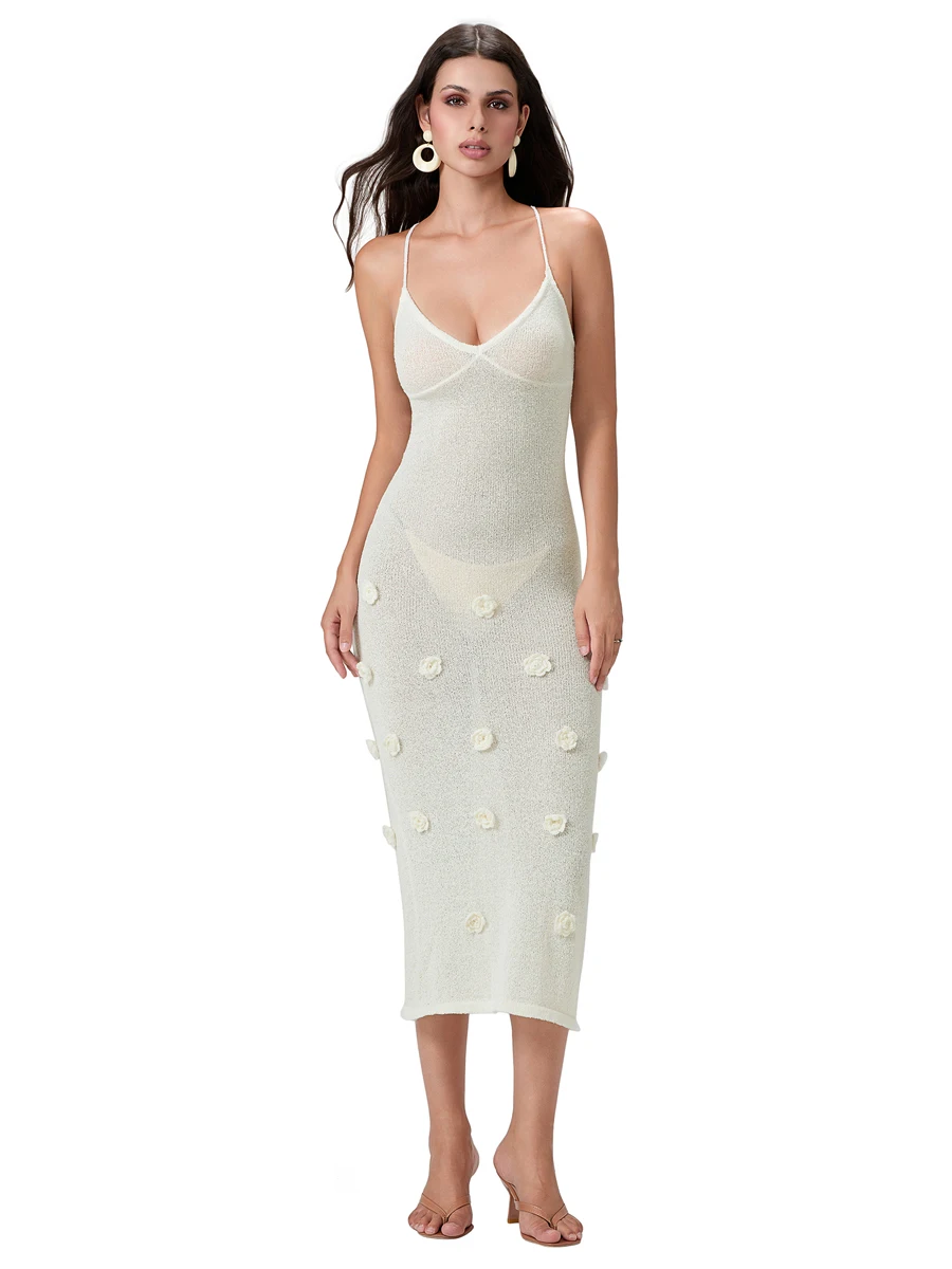 여성용 긴 니트 캐미 원피스 민소매 오픈 백, V넥 백 크로스 타이 업, 3D 꽃 장식 드레스, 스트리트웨어