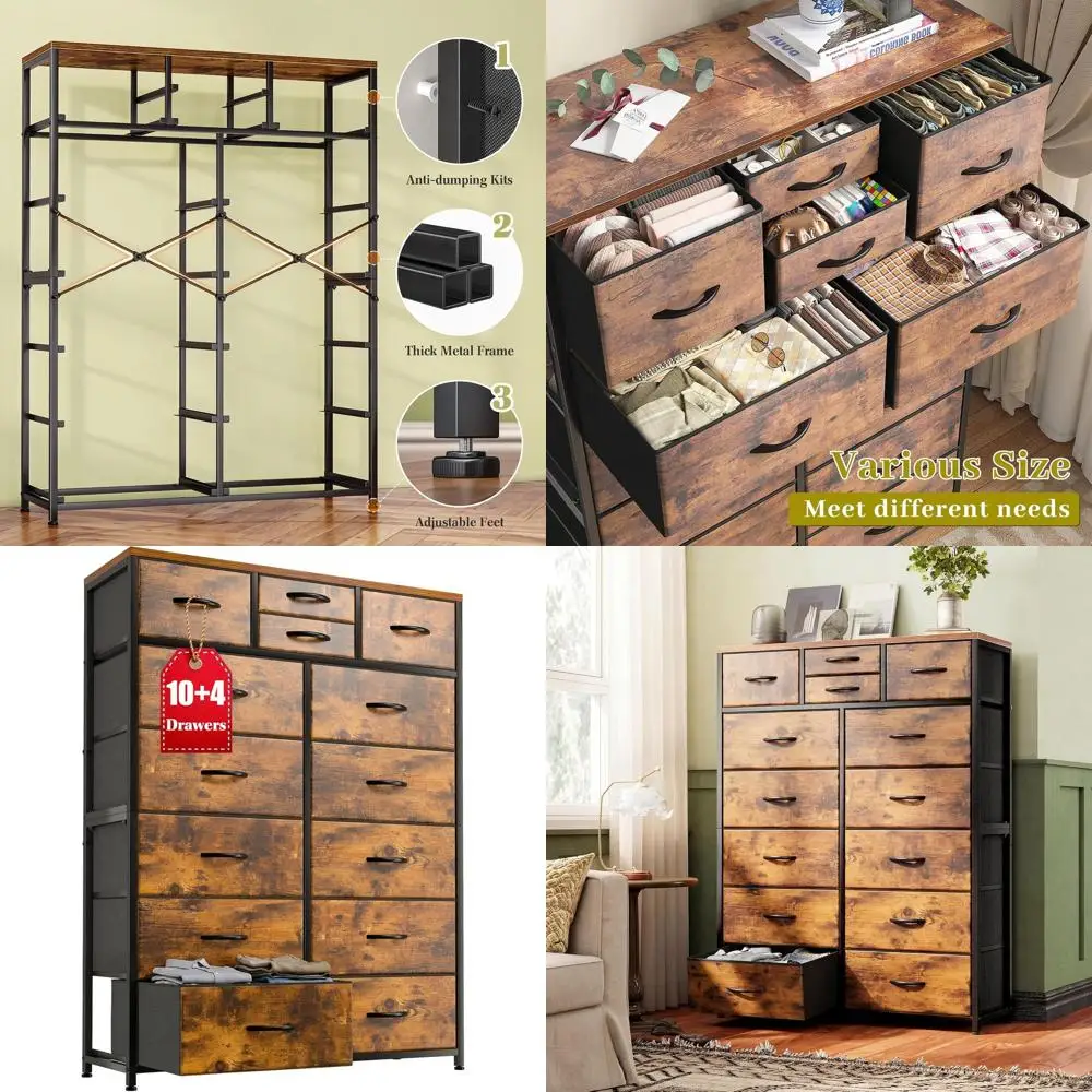 

10+4 Drawer Bedroom Storage Cabinet, Chest of Drawers, Metal Frame & Wooden Top, Suitable for Hallway, Closet, Living Room, Rust