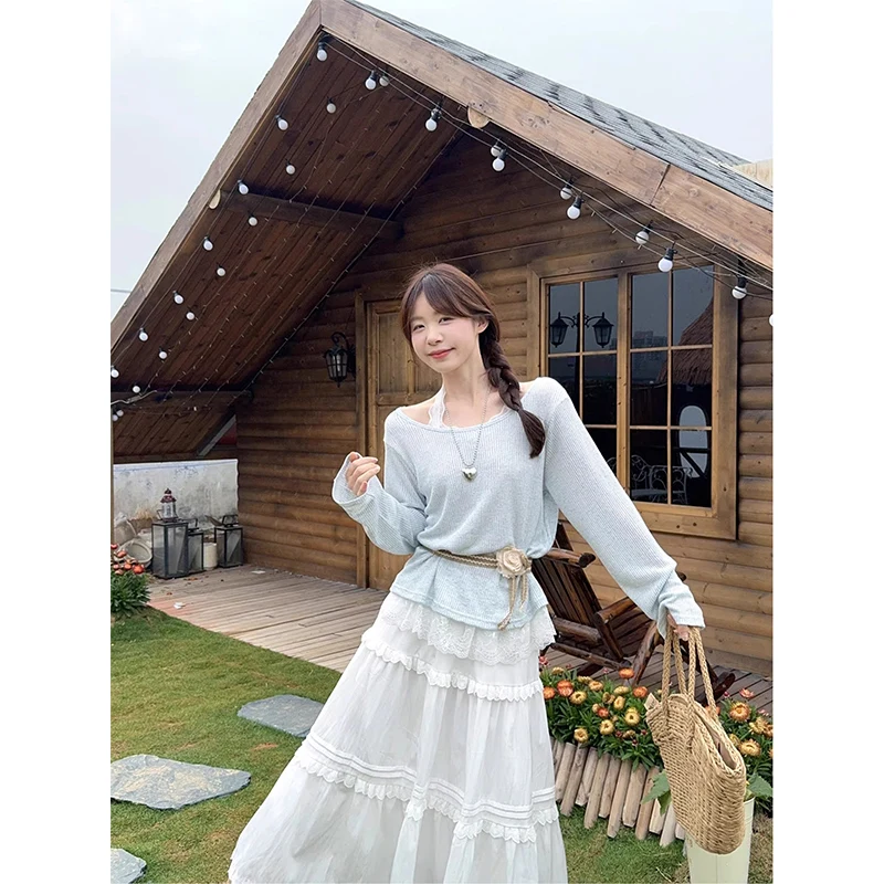 

Модный женский вязаный топ с круглым вырезом, приталенный, с пэчворком, длинными рукавами и декоративной завязкой на талии, стандартной длины