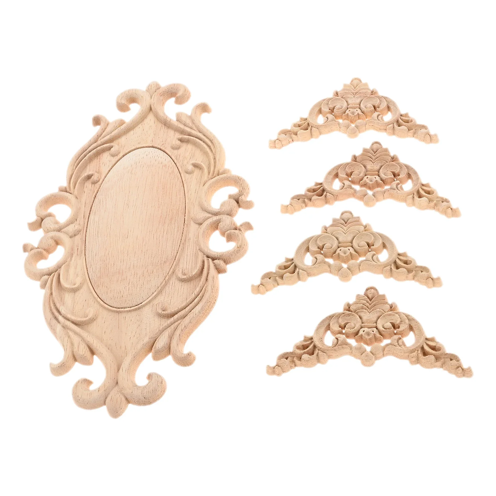 5pcs/set Wooden Decals 26cm Solid Wood Oval Applique 8cm Triangle Cut-out Flower Branch Onlays Decor Furniture Door Wall Cabinet