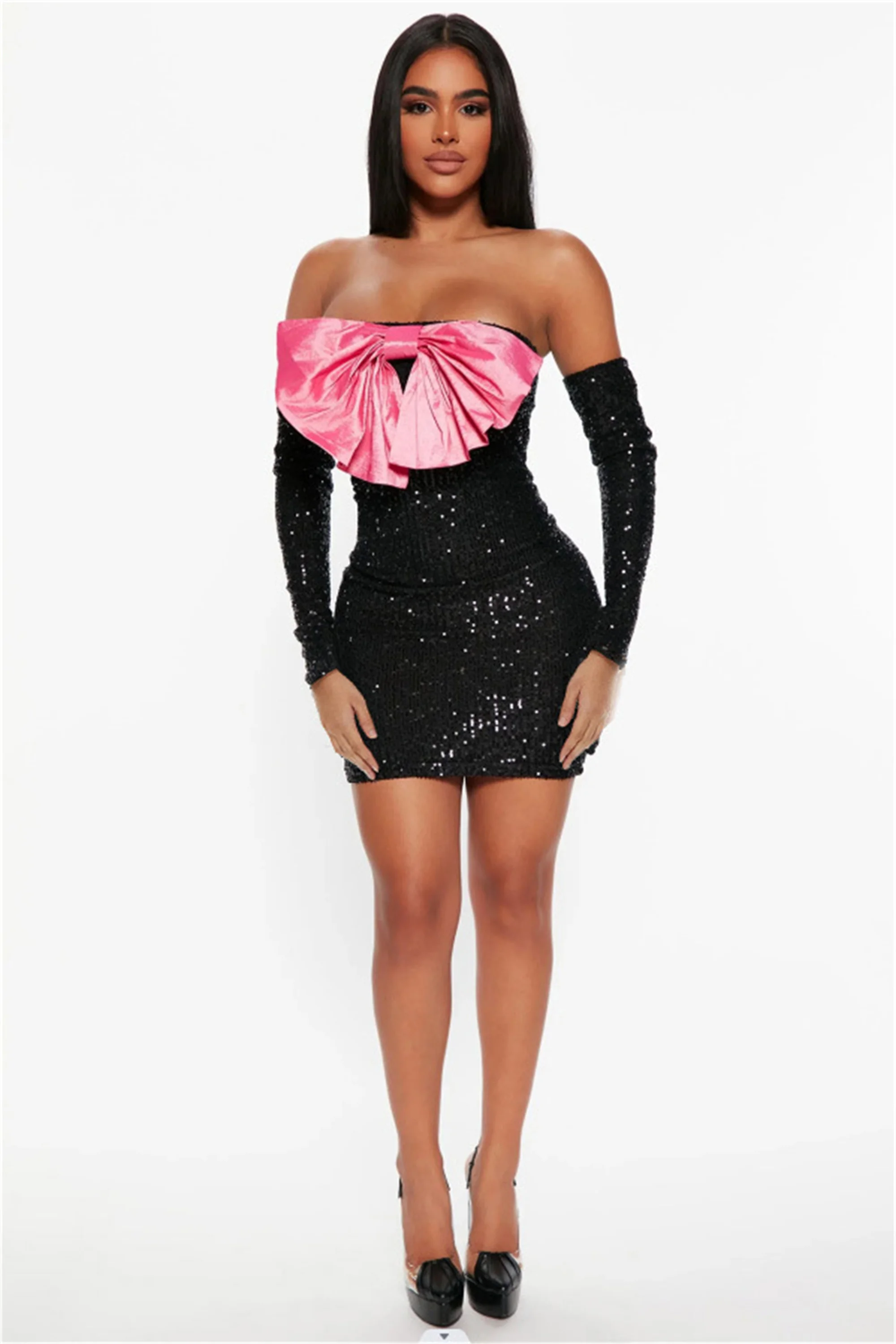 

Women's sparkling pink bow cocktail dress with sequined strapless elastic tight fitting party mini dress