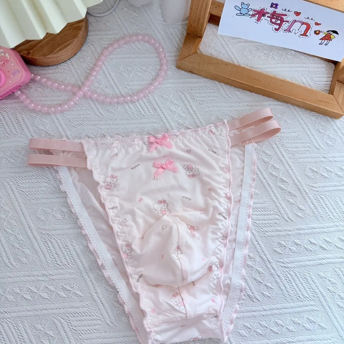 

Man Handmade Pink Cute Briefs Harajuku T-Panty Elastic Waist