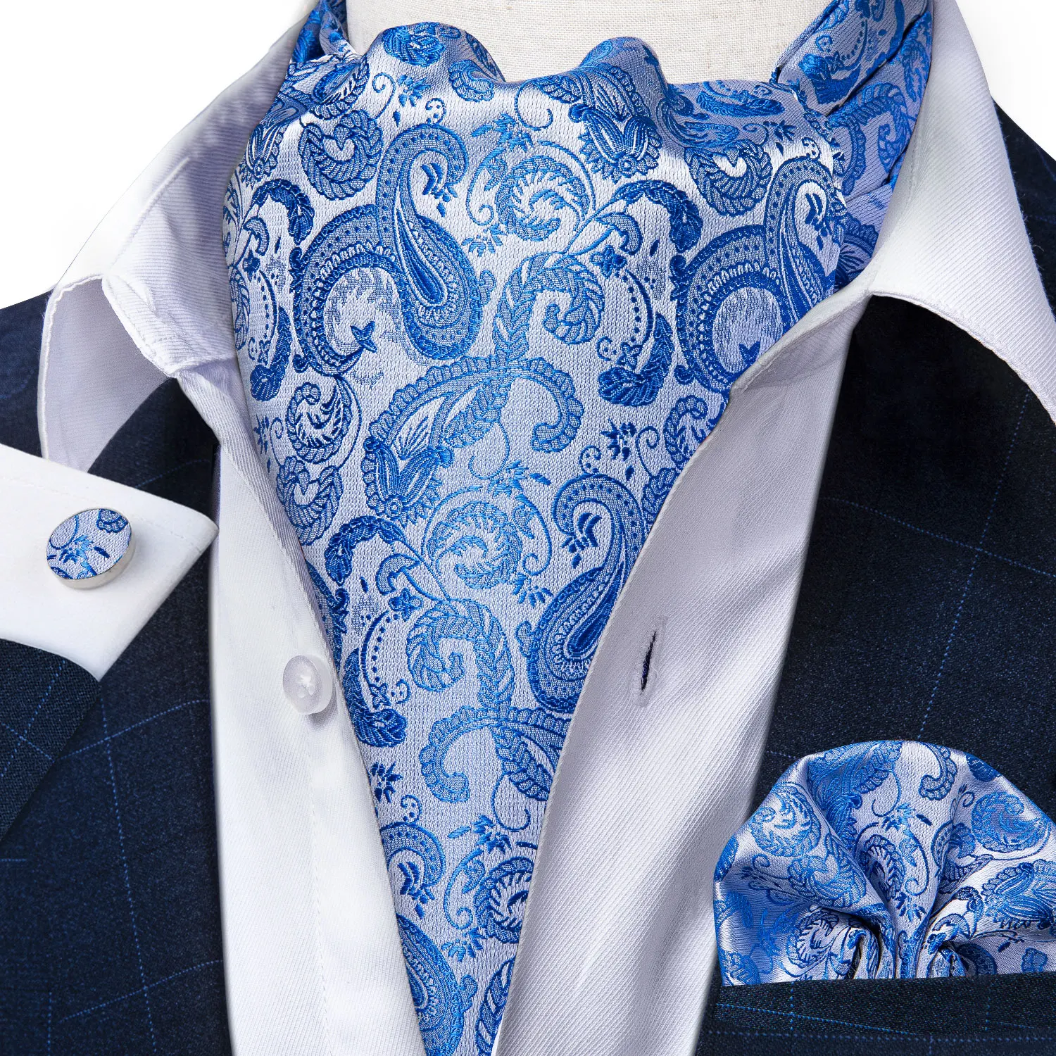 Paisley Pattern Mens Ascot Cravat 4pcs Set, Paired Hanky Cufflinks & Ring, Formal Accessory For Banquet Party Occasions