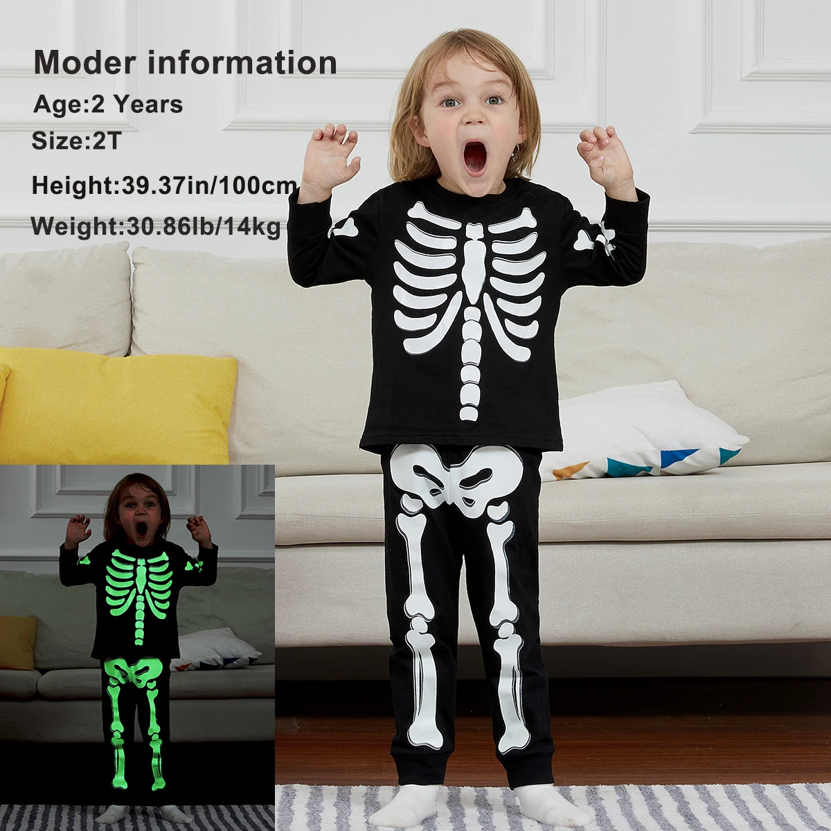 Costume da scheletro per bambini Pigiama luminoso con teschio di Halloween per bambini Abiti spaventosi con osso fantasma Costume da carnevale per