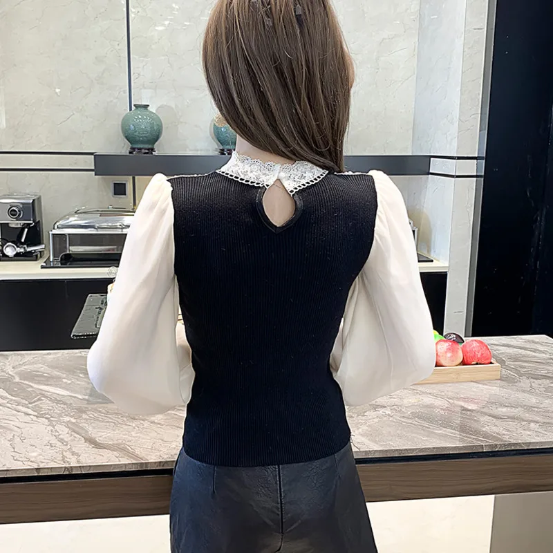 #4301 Chiffon Puff Sleeve Women Short Sweaters Pullovers Half High Collar Pearls Korean Style Slim Knitted Sweater Femme Tight