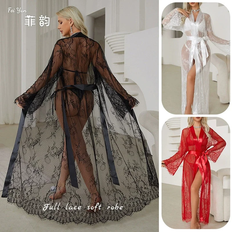 Sexy Womens Lingeries Long Lace Mesh See Through Sleepwear Nightdress White Nightgown Robes Pajamas Loungewear