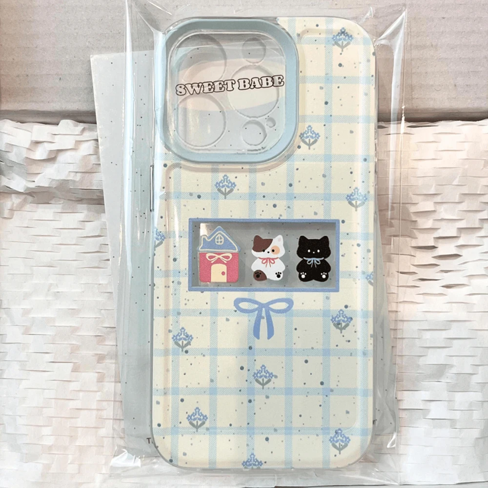 Blue and White Plaid Cat Phone Case For Samsung Galaxy S25 S24 S23 S22 S21 S20 FE Note20 Note10 Plus Ultra Lite 5G Clear TPU - náhled 4