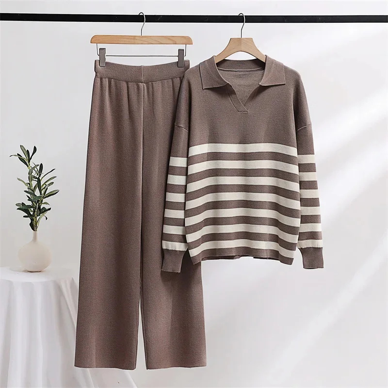 Casual Striped Knitted Two Piece Set Korean Loungewear Polo Sweater Matching Set Women Winter 2 Piece Knit Pants Set For Women