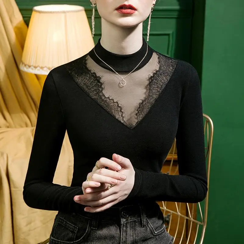 Camiseta de malla con cuello alto y encaje para mujer, estilo princesa, manga larga, top interior, manga princesa, varios colores