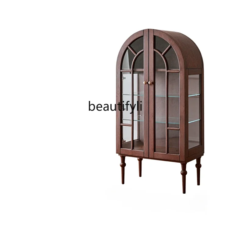 French retro cabinet solid wood display arched locker glass high-end living room side cabinet