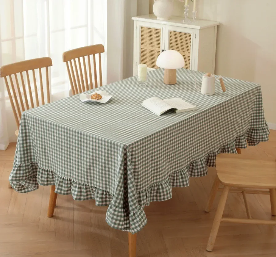 Plaid Ruffle Tablecloth Washed Cotton Checkered Ruffled Hem Rectangular Table Cover for Home Kitchen Dining Party Decor