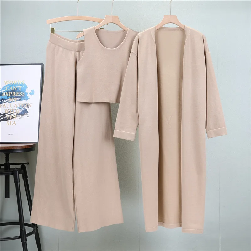 Casual Sports Three Piece Sets Women Autumn Knitted Long Cardigan Coat + Camisole Vest + Wide Leg Pants Sets Women's Tracksuit