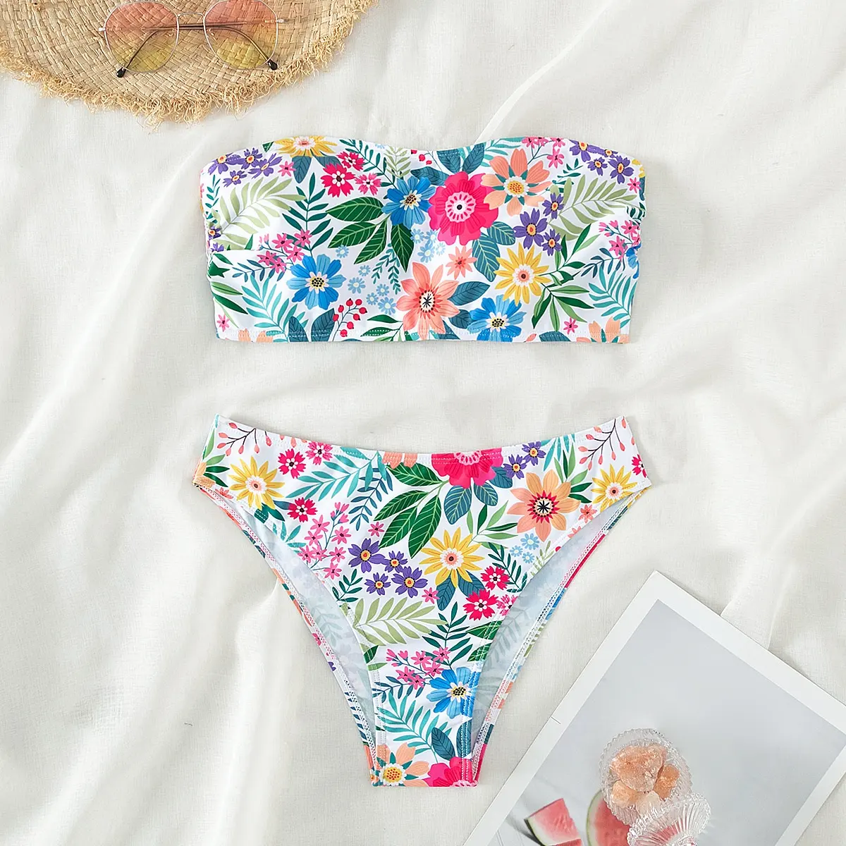 طقم بيكيني نسائي بطبعة زهور، توب سباحة بدون أكمام من Boho Fashion وجزء سفلي للسباحة للصيف، ملابس سباحة للسيدات لقضاء عطلات الشاطئ #1