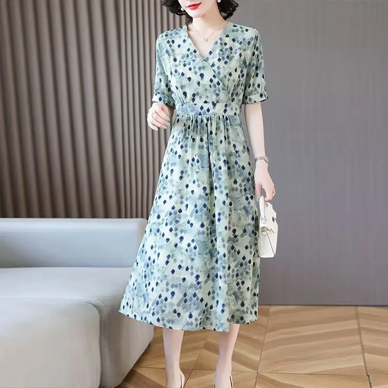 

Simplicity Women's Clothing Lacing Printing Short Sleeve 2023 New Summer Fashion Pleated Side Pockets Design Mid Length Dress