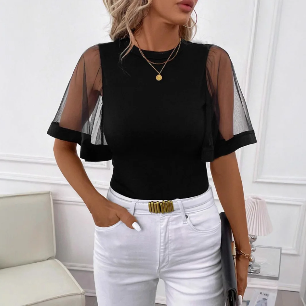 

Women's Fashion Outdoor Mesh Trumpet Sleeve Splicing Round Neck Women's Top Casual Summer T-Shirt