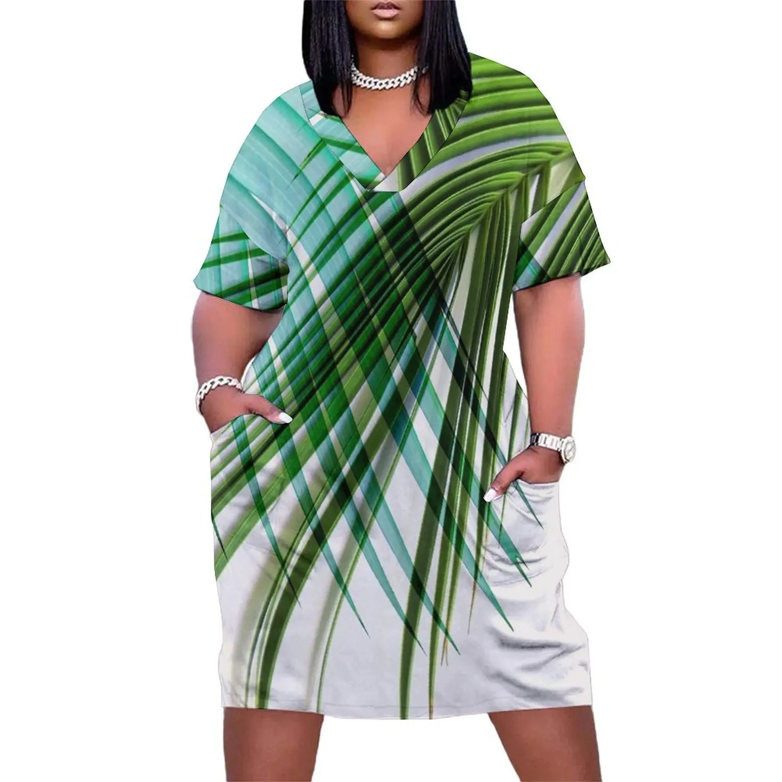 

Blue Green Tropical Palm Leaves Loose Pocket Dress Womens dresses dress summer