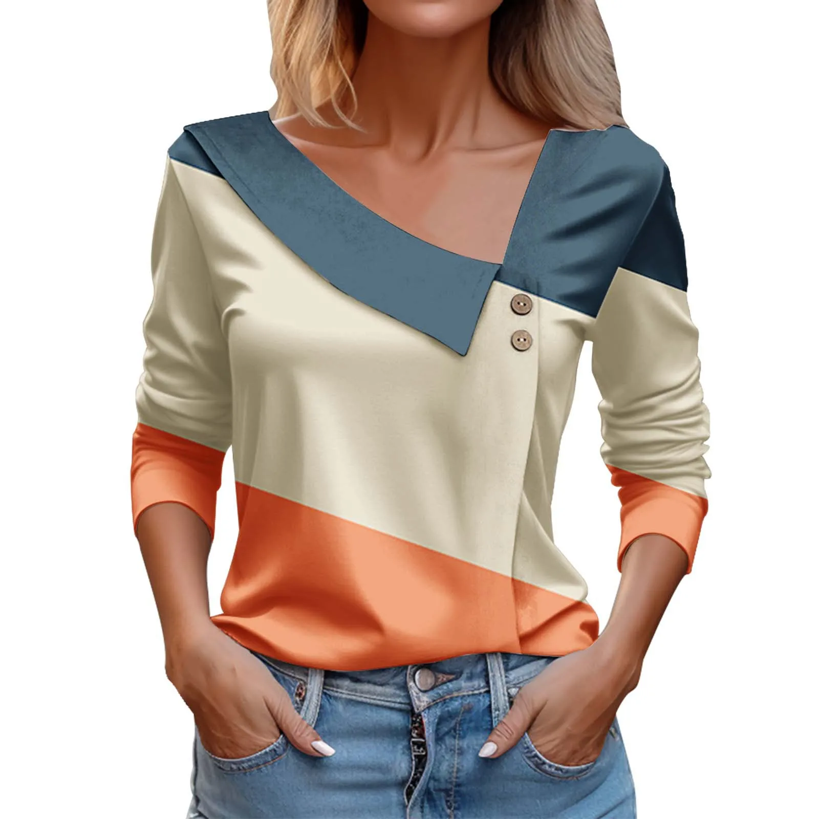 Fashionable Women's Spring And Autumn New Casual Shirt Elegant Geometric Print Long Sleeved Diagonal Neck Button Shirt Blouse